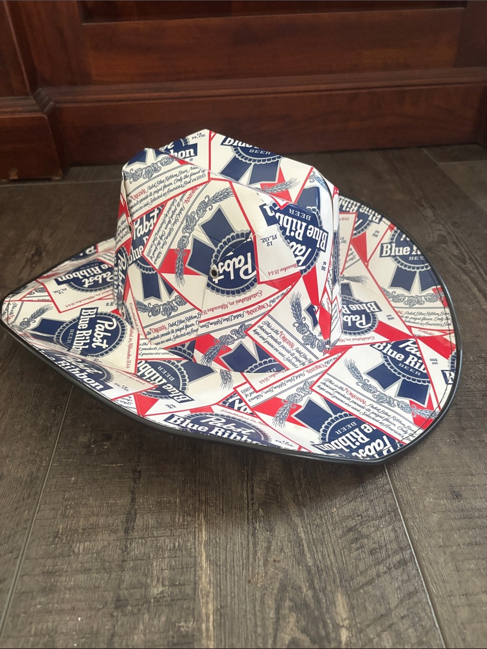 PBR Pabst Blue Ribbon Cardboard Western Hat Beer Party White Blue Red Cowboy